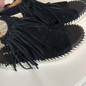 Espadrilles Black Leather Suede Fringe Women's Shoes Size 9.5